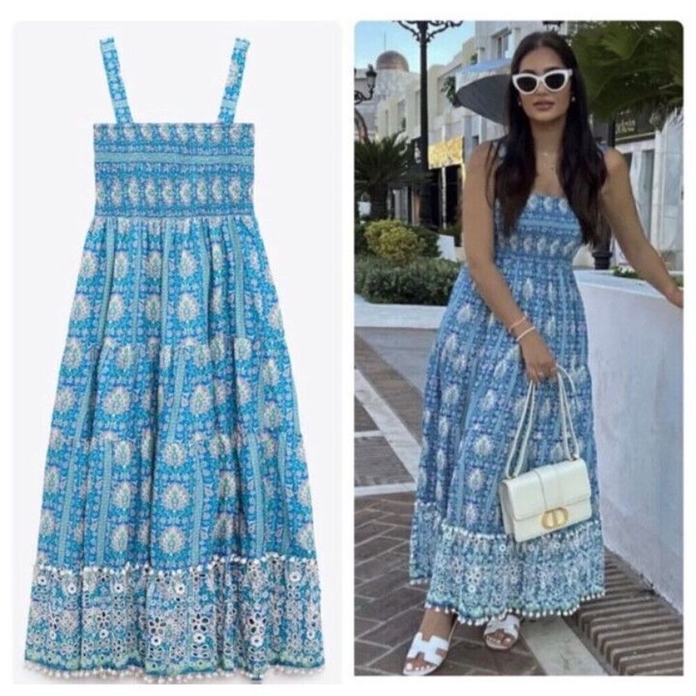 NWT Zara Floral Smocked Dress Size Large Blue - Picture 2 of 12